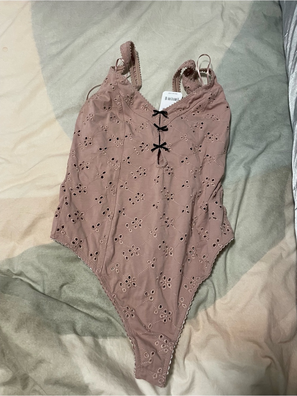 Free People Dusty Rose Eyelet Bodysuit with Lace Trim